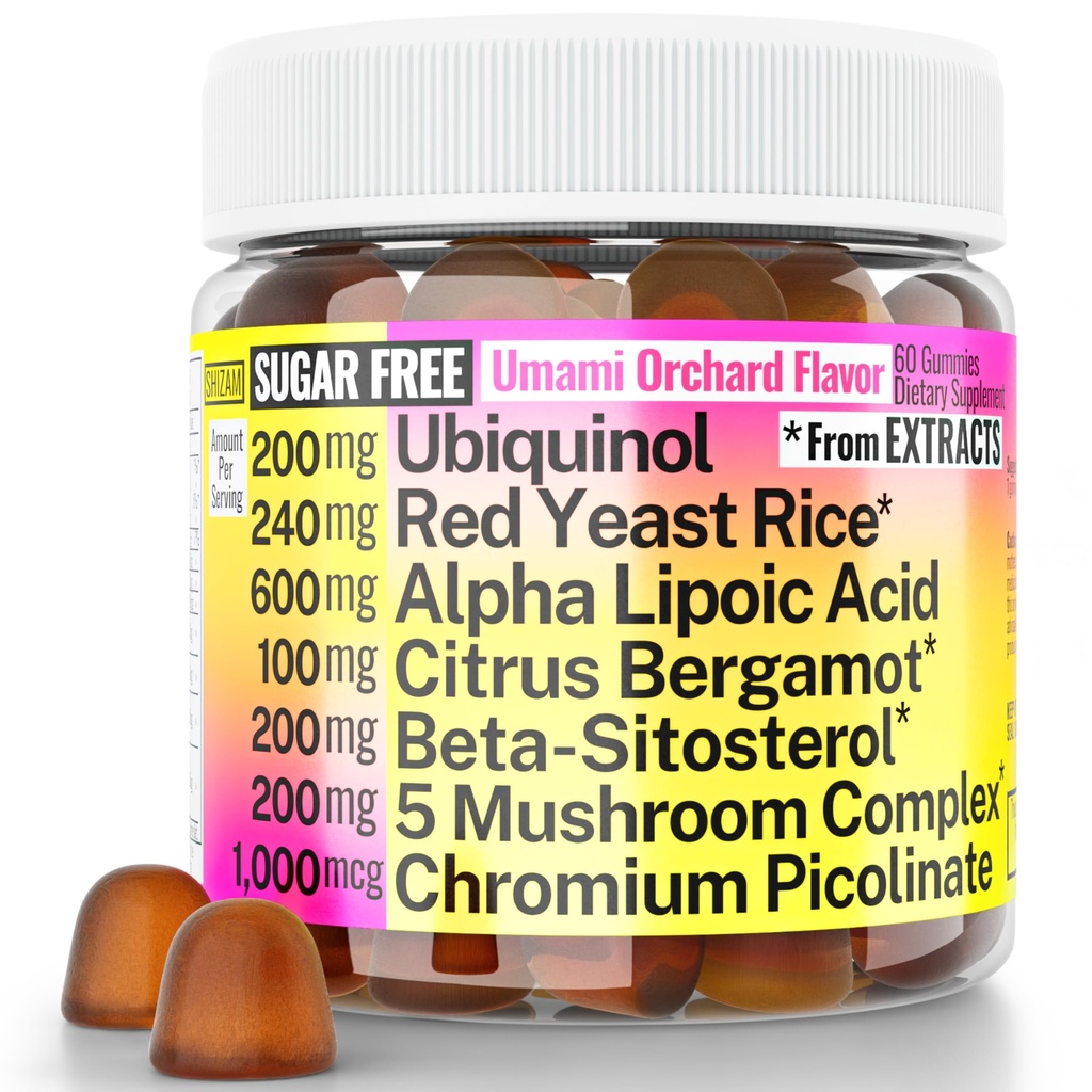 红酵母大米 Alpha Lipoic Acid Ubiquinol CoQ10 Citrus Bergamot Beta-Sitosterol Chromium Piclinate 糖 - Less Gummys w Lion's Mane Turkey Tail Reishi Cordyceps Chaga, Pills Capsules 补充 Alt