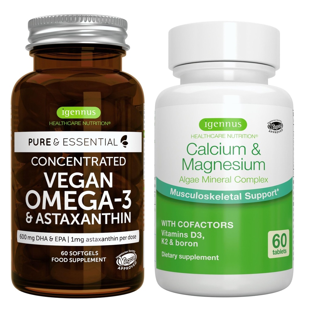 Vegan Omega-3 + 钙和镁复合物 Vegan Bundle,可持续环保局和DHA藻油 1340mg + 2:1 厂基藻类矿物复合物,作者:Igennus