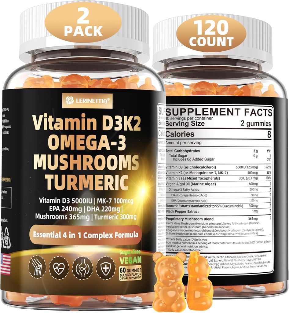维生素D3 5000iu(125mcg) + 维生素K2(MK7) Gummys with Algae Omega 3 → 最大强度 维生素D3+K2 → 对于骨,牙齿,能量,免疫,钙吸收 - Vegan,无糖,120Ct