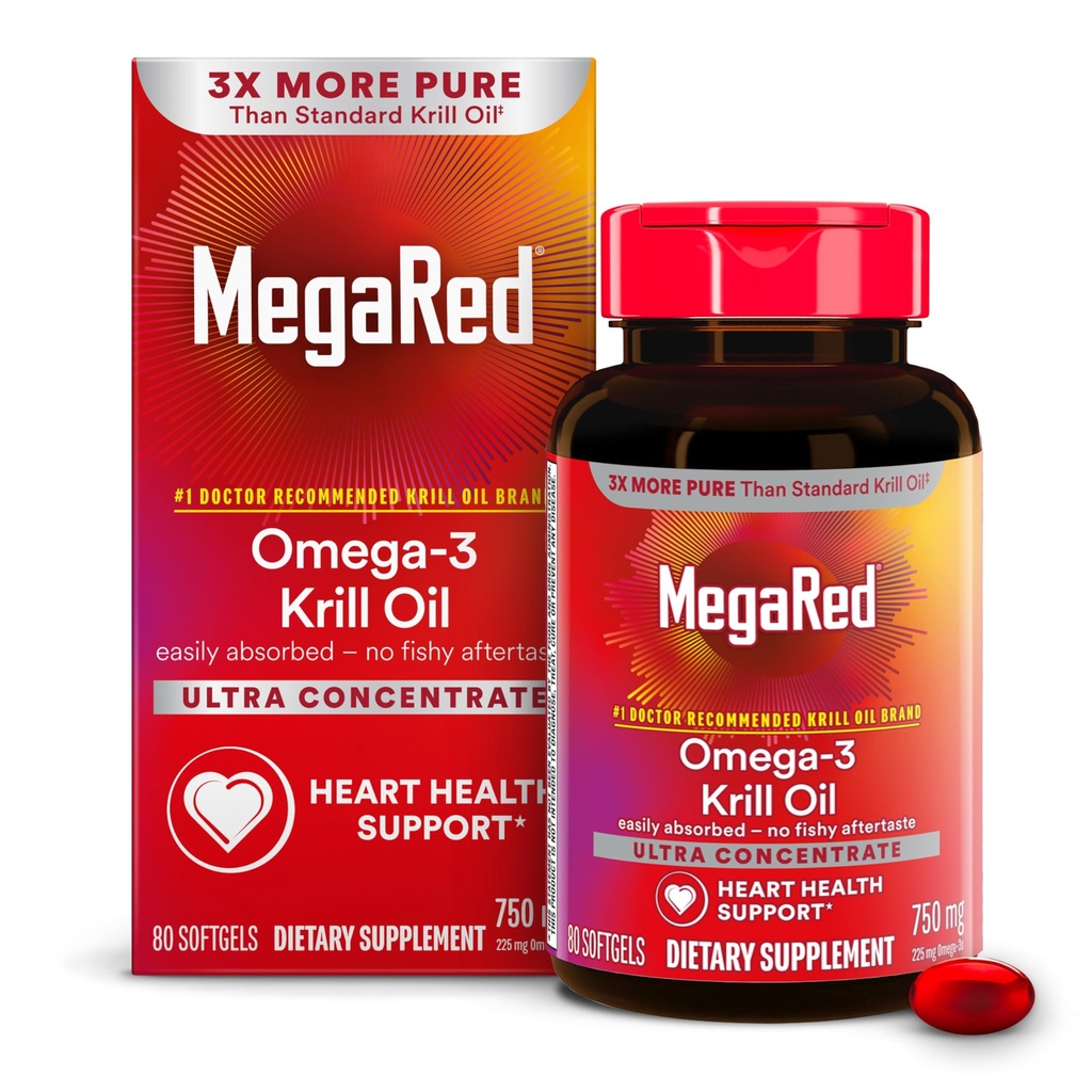MegaRed Atlantic Krill Oil 750mg, Omega 3 Fatty Acid Supplement, Ultra Community EPA & DHA Softgels, Antioxidant Astaxanthin, 心脏健康补编,无鱼油余味,80cm