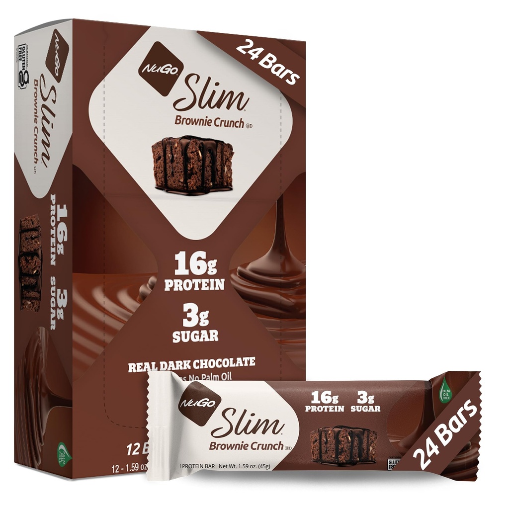 Nugo Slim 暗巧克力 Brownie Crunch, 16g 蛋白质, 2g 糖, 7g 纤维, 低净碳, Keto Friend, Gluten Free, 24 Count