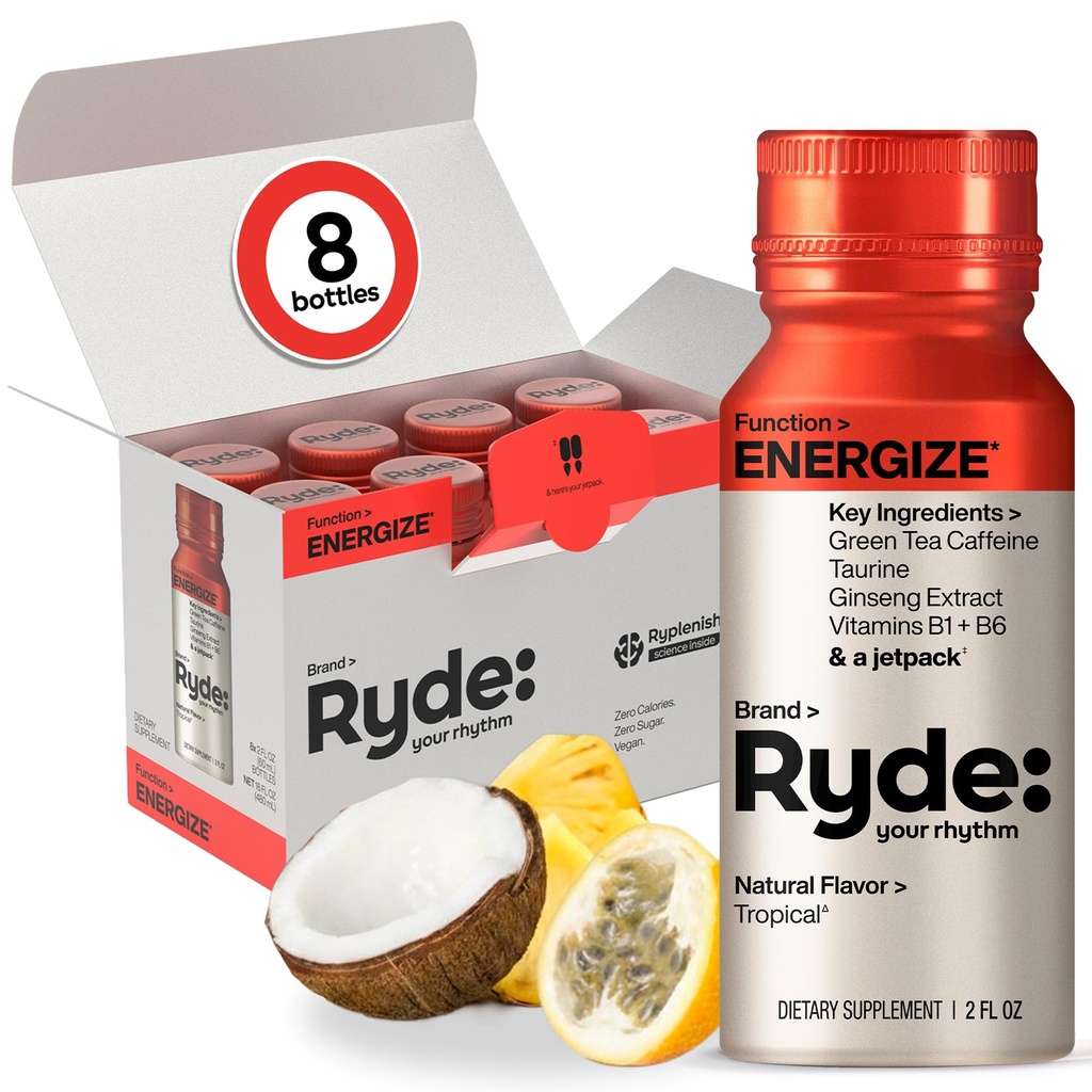 (原始内容存档于2019-03-02). Ryde: Energize Shot QQTropical Flavor QQ Green Tea Cafeine, Taurine, Ginseng extraction & B Vitamins QX0卡路里,0 Sugar QX2 FL OZ Shots QQQ Boosts 能量* (8 Pack).