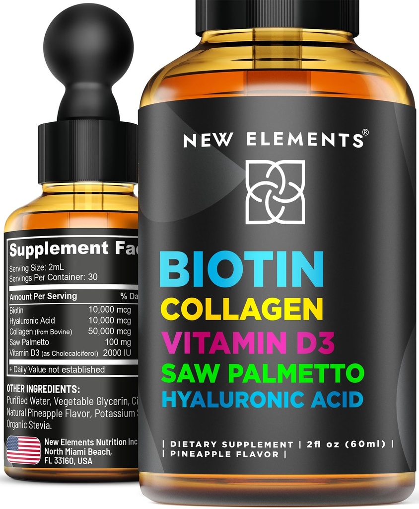 液态生物素促进毛发生长 女性和男性 10000mcg + + 生物素和柯拉根补充物 Saw Palmetto 和 Hyaluronic Acid → 生物素滴 用于毛发生长 含维生素 D3 用于毛皮和直肠