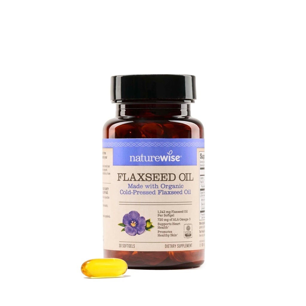 NatureWise Flaxseed Oil 1200 mg, Fish Free Omega 3 6 9 与 720mg ALA, 心脏健康支持的饮食补充 - 有机,冷压,非GMO - 30 Softgels [1-Month Supply].