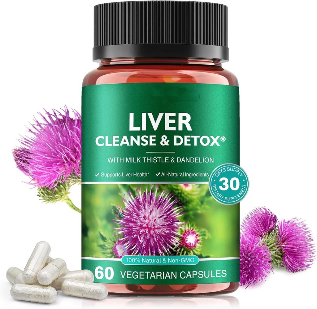 Liver Cleanse & Detox Pills for Liver Health Reference - 配有牛奶硝酸盐提取剂,丹德利翁根,姜汁,比特罗特粉和维生素 - 天然活物支持,60 Vegan Capsules