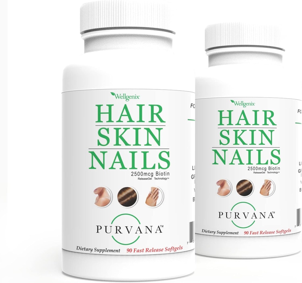 Wellgenix Purvana Hair, Skin, 和Nails Vitamin Softgels for High Abbox - 双强 2500mcg Biotin, VIT A & B(90个计数) 2 Pack
