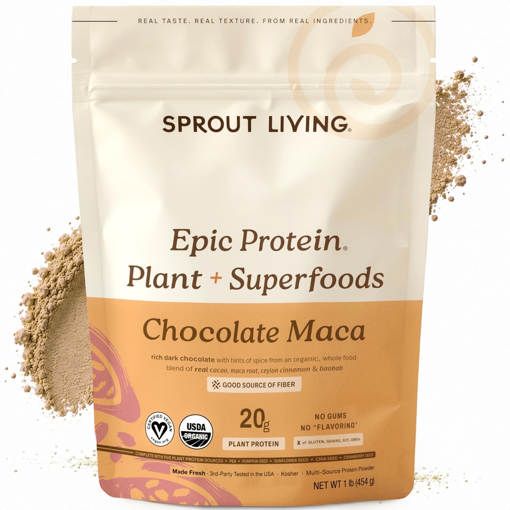 Sprout Living Epic protein,植物基蛋白和超级食品粉,巧克力麦卡粉 | 20克有机蛋白粉,Vegan,非乳品,N-GMO,Gluten Free,低糖(1英镑,12种服务)
