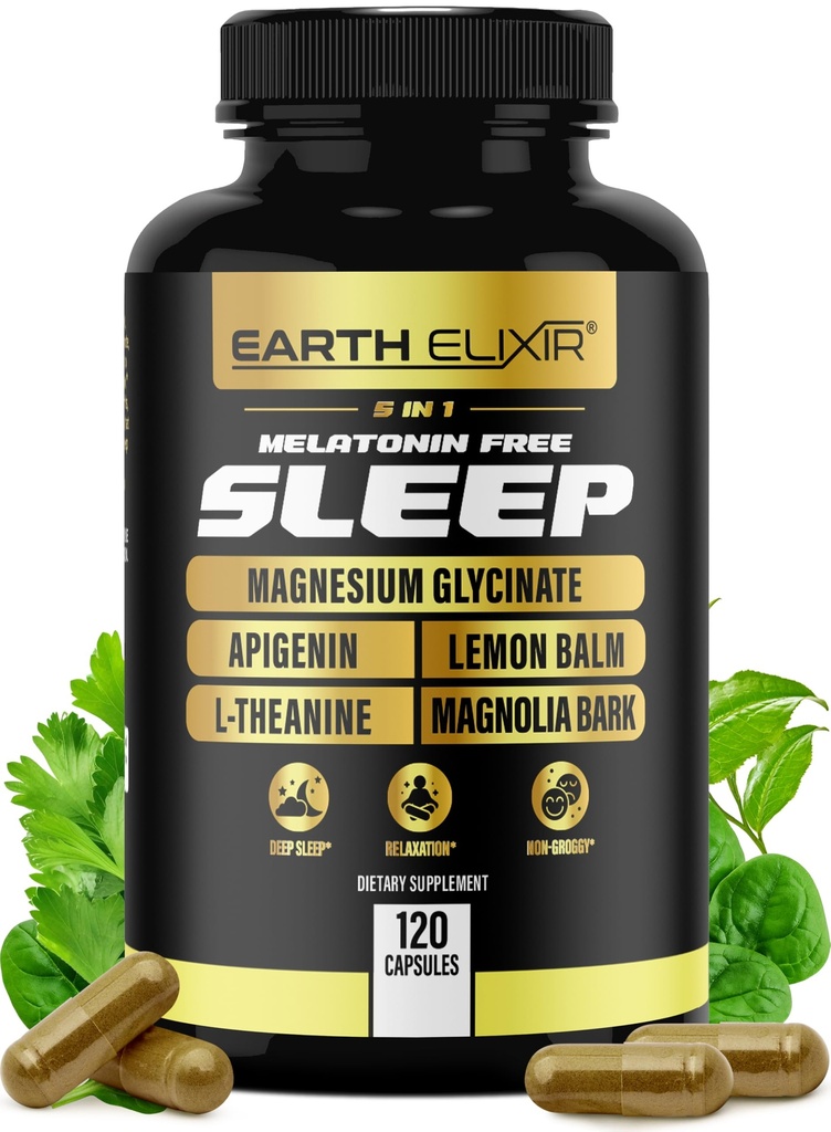 Earth Elixir 4-in-1 睡眠援助 (120 Caps) w/ Apigenin 50mg, Glycnit镁 200mg, L Theanine 200mg & Valerian Root for Sleep Aid 300mg | Apigenin supplement for Sleeping Pills