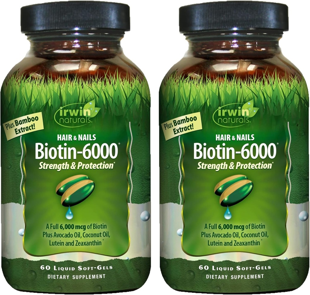 Irwin Naturals Biotin-6000-60 液态软胶,包2 - 支持强力和保护毛发和钉子 - 与Avocado Oil, Coconut Oil, Lutein & Zeaxanthin - 60 总服务