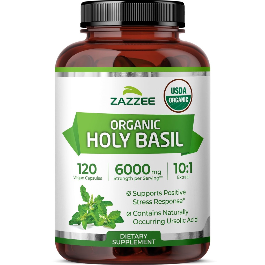 Zazzzee USDA 有机圣巴西尔 10:1 提取,6000 mg 强度,120 Vegan Capsules, 集中化和标准化 10X Tulsi 提取, Ursolic 酸, 100% 认证有机, 非 GMO