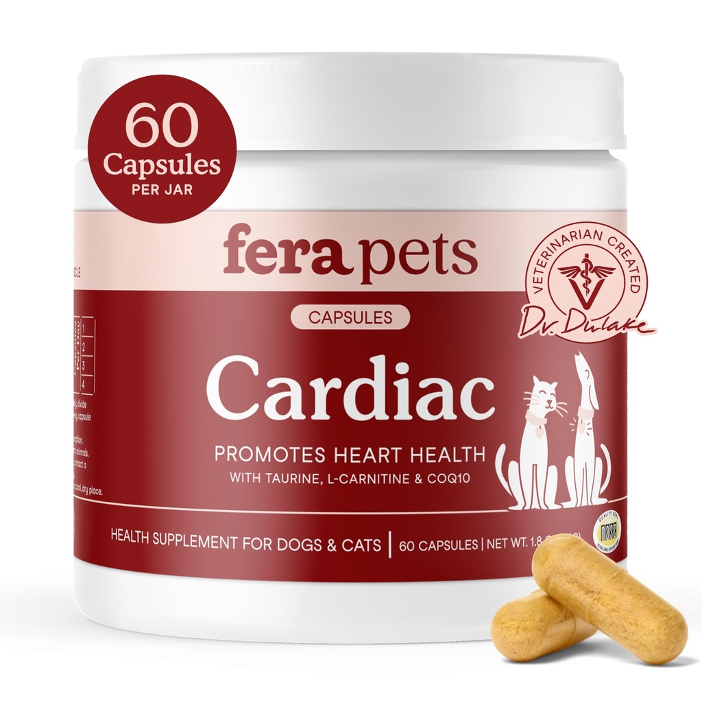 Fera Pets Cardiac 支持 - 猫和狗心脏配有陶琳,L-Carnitine, & CoQ10 - 促进正常流通和心跳 - 60 Capsules