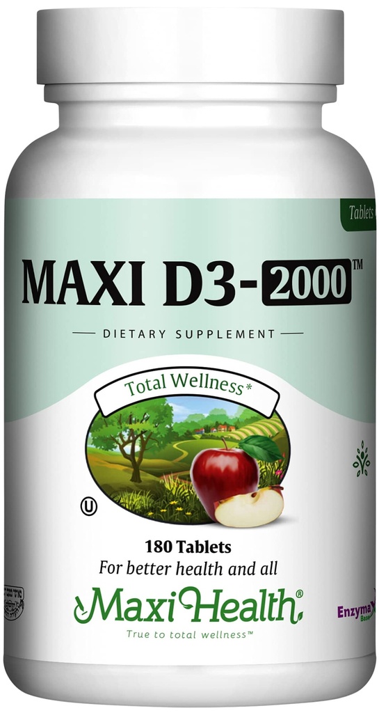 Maxi Health Kosher Vitamin D3 2000IU - 健康免疫反应高吸附性维生素D补充剂,钙吸收剂,牙齿和骨质健康 - D3 Vitamin 2000 IU - 180