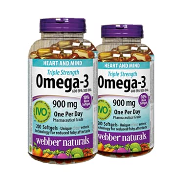 Webber 天然三重强度 Omega-3 900mg 200 软胶 x 2 2瓶)