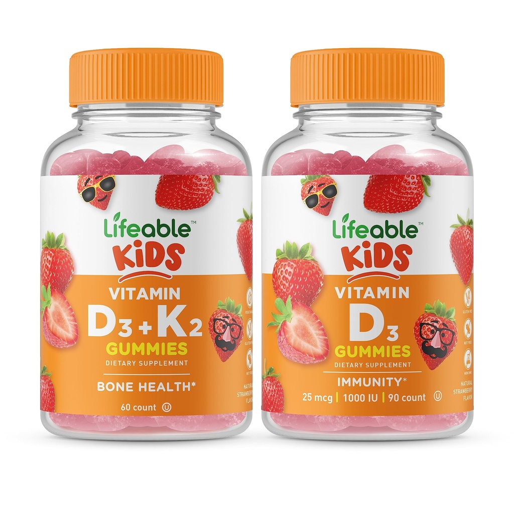 活生生的维生素D3 + 维生素K2 Kids + 维生素D Kids, Gummys Bundle - Great Tasting, Vitamin Supplement, Gluten Free, GMO Free, Chewwable Gummy (英语).