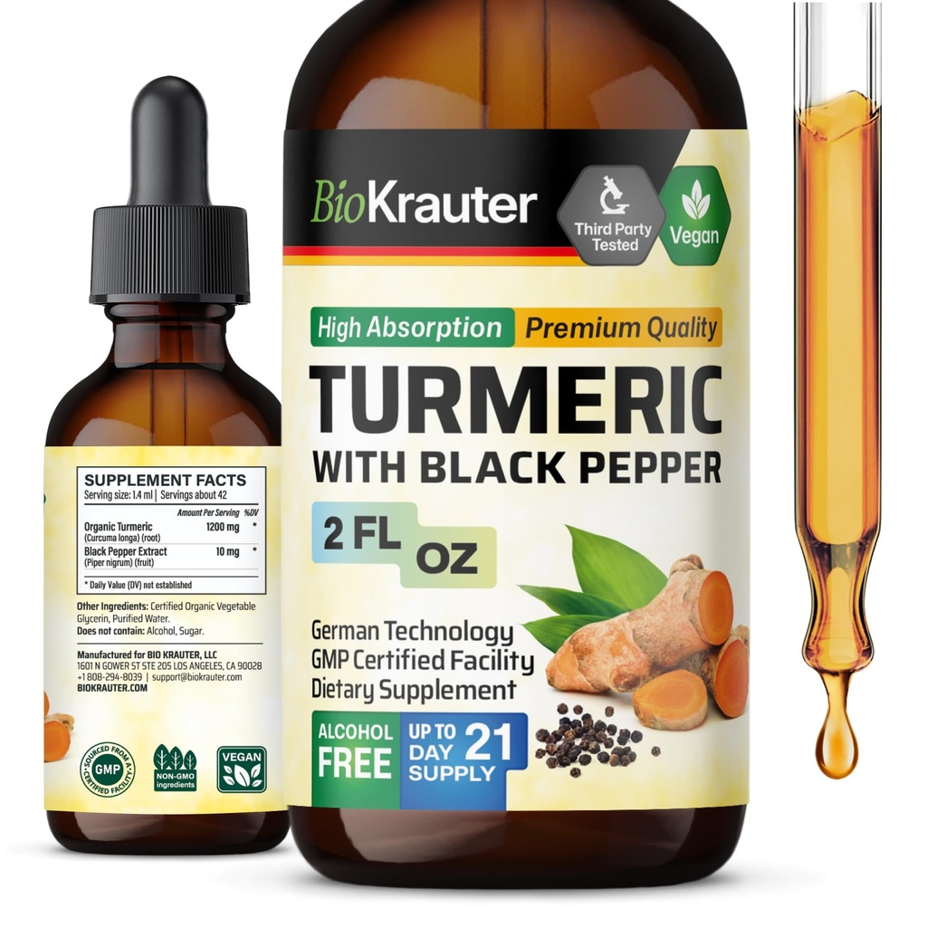 BIO KRAUTER Turmeric Tincture - 1200 mg Turmeric Curcumin with Black Pepper 提取 - 酒精和糖无味 - Vegan Drops 2 Fl.Oz.