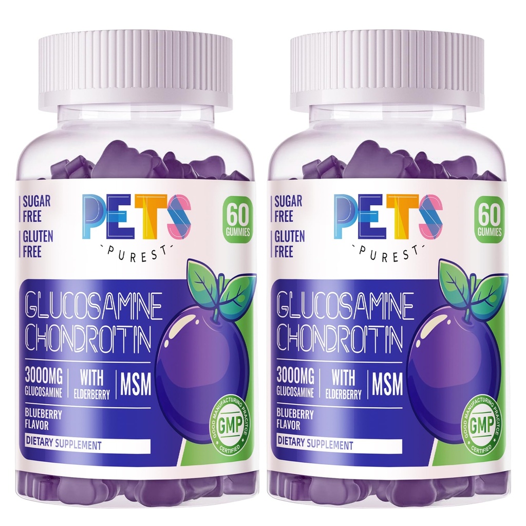 Pets Purest Glucosamine Chondroitin Gummys配有MSM & Elderberry Extra 力量——联合支持,成人、男女抗氧化剂免疫支持补充。 (2包)蓝莓