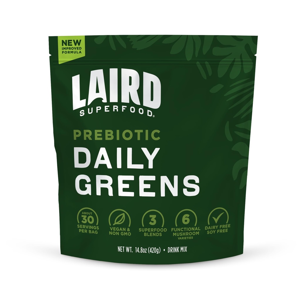 Laird Superfood Prebiotic Daily Greens Powder – 基本维生素和矿物 - 预生纤维,适应剂和水果与蔬菜 - 支持古特健康 - 非GMO, Vegan - 14.8 oz Bag, Pack of 1