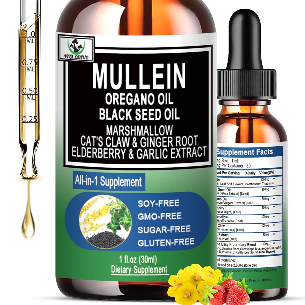 16-in-1 肺部有机穆莱因滴液 |穆莱因叶片提取 W/Oil of Oregano with Black Seed Oil → Non-GMO&Gluten 自由呼吸卫生液滴液 |穆莱因补充烟剂