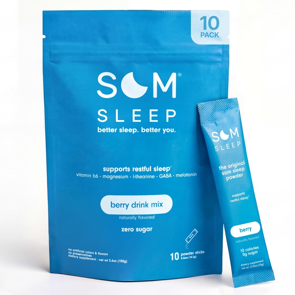 Som Sleep, Calm Sleep Powder Drink Mix, 3mg Melastonin, 镁, 维生素B6, L-Theanine & GABA – Vegan, 零糖, Keto Friendly – Berry, 10Pack (英语).