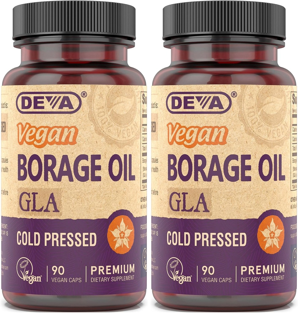 DEVA VAGAN 维生素, Borage Oil 500mg, Omega-6 脂肪酸GLA的来源(Gamma linolenic Acid),冷前置和未加工,90片(包2)