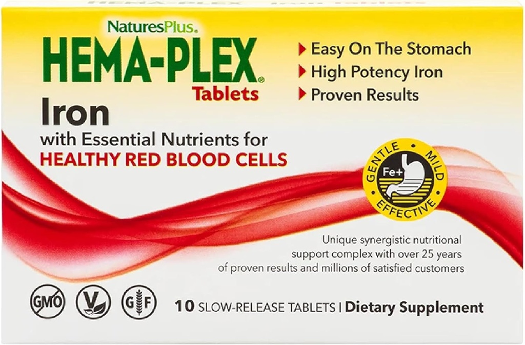 NaturesPlus Hema-Plex 铁 - 10 慢释放片 - 85 mg Chelated 铁 - 总血液健康 - 维生素C & Bioflavoids - Vegan, Gluten Free - 10 服务
