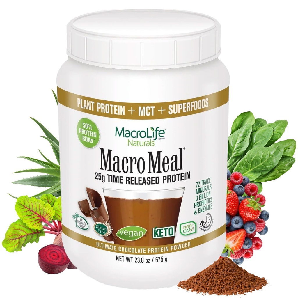 大型生命自然(MacroLife Naturals MacroMeal Vegan) 巧克力蛋白质超食品绿素 + Fiber, Immune Energy Daily Requires for Women & Men Gluten-free - 23.8oz (15种服务) 巧克力