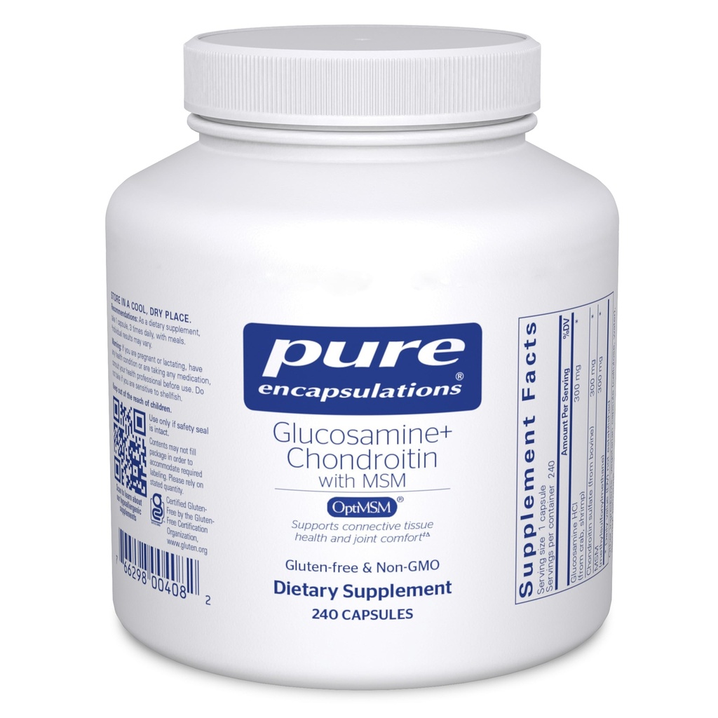 纯封装 Glucosamine Chondroitin 与 MSM - 支持联合健康与正常卡通形成 * - 维持酶活性 - Gluten-Free & Non-GMO - 240 Capsules