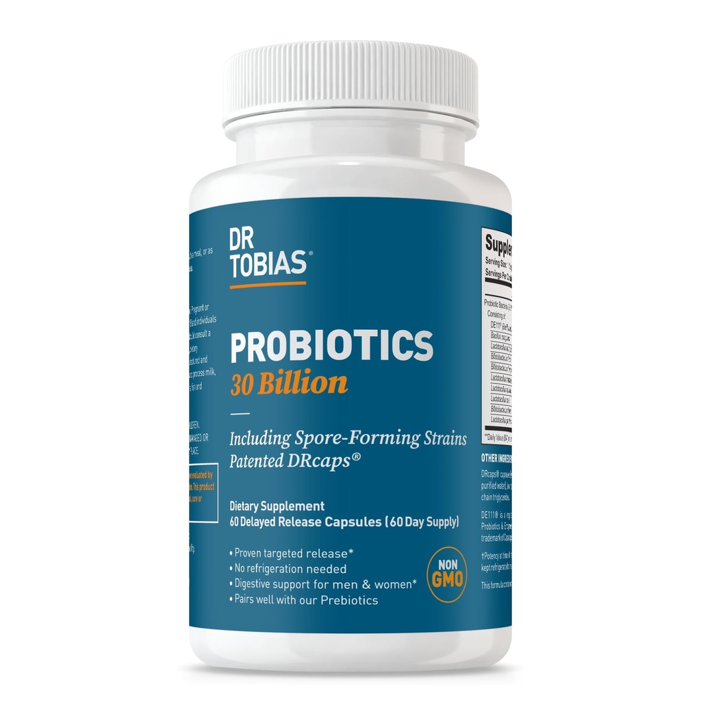 Tobias Probiotics博士 30亿, 10 Strains, 30亿 CFU's, 妇女和男子的定向释放 Probiotics, 支持消化性健康, 稳架, 非GMO, 60 Capsules, 60服务