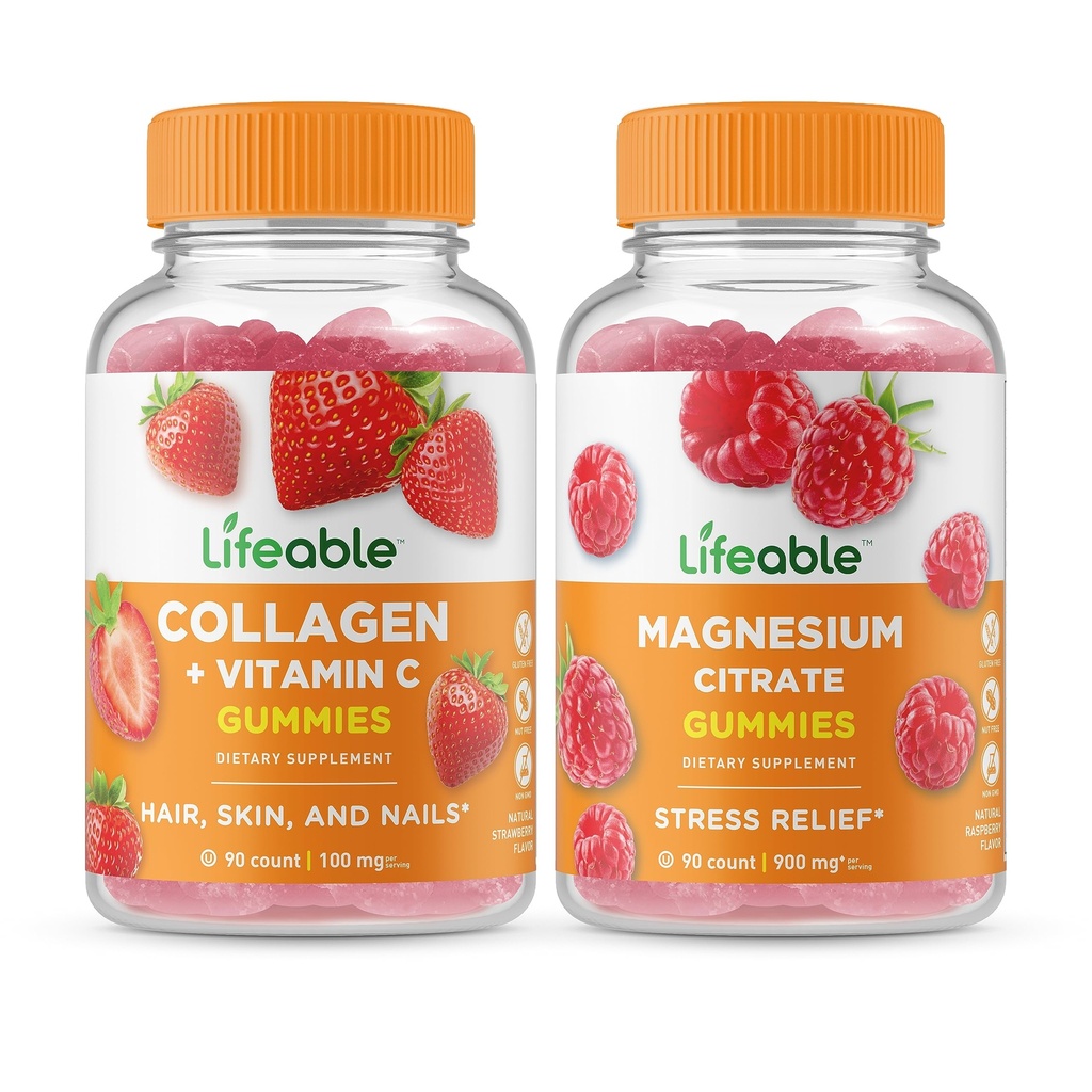 可活性Collagen & Vitamin C + 镁,Gummys Bundle - 大品尝,维生素补充,Gluten Free, GMO Free, Chewable Gummy