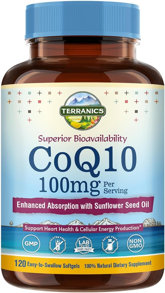 Terranics CoQ10 100mg,120 软胶,吸收额外的维尔京橄榄油,心脏健康和能源生产