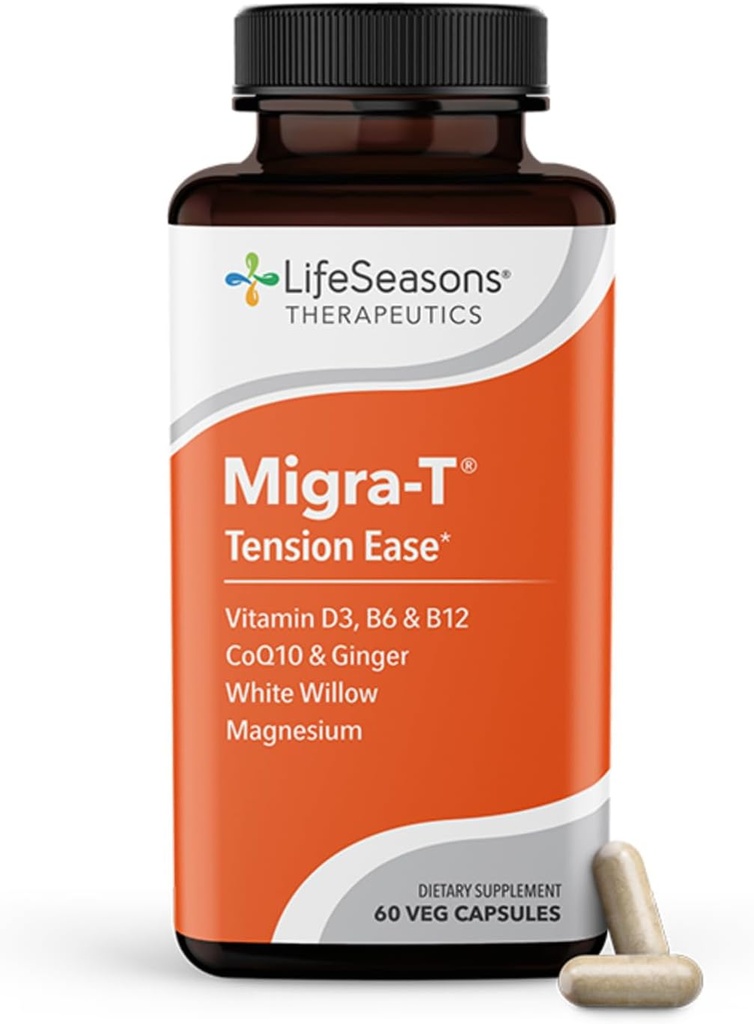 LifeSeasons Migra-T 配有 Relieve-R – Migraine 预防和救济补编 – 支持严重头痛 – 降低轻声和奥多灵敏度 – Feverfew, White Willow, Magnesium Ginger & CoQ10