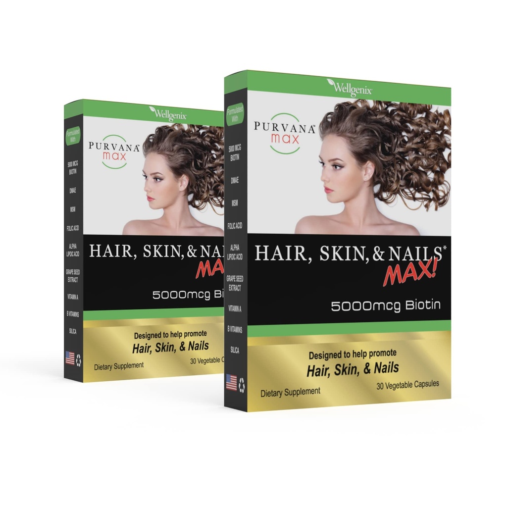 Purvana Max hair, Skin, and Nails Vitamin - 5000mcg Biotin, Folic Acid, DMAE, Grape种子提取 - 一天一次 Vegan hair, Skin, Nails 支持 - 推广凝胶生产 - 30 caps (Pack of 2)