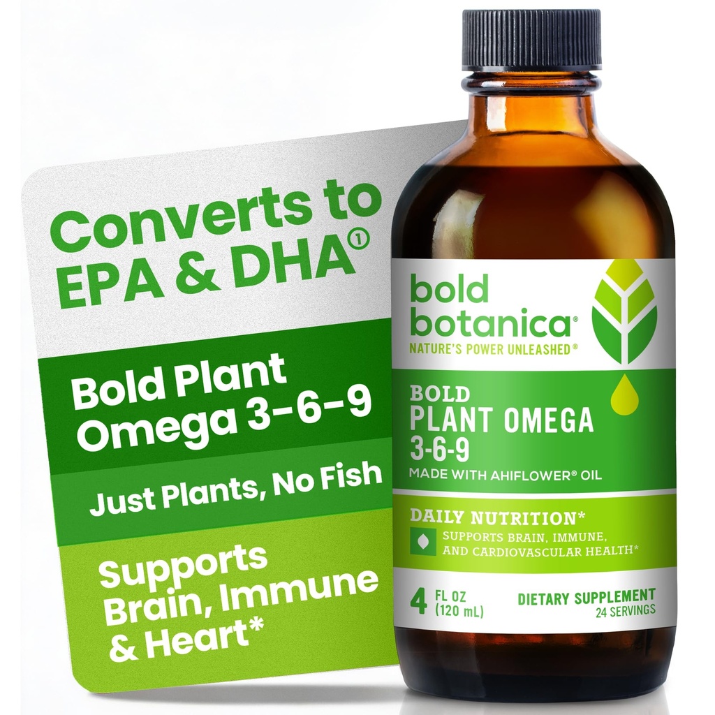Bold Botanica Plant Omega 3-6-9, 配有 Ahiflower Oil, Vegan Omega 3, 完整的基于植物的Omegas 用于大脑和免疫健康, 比Flax更好, Fish Free, Great Taste, 无糖, 非GMO, Liquid - 4 oz