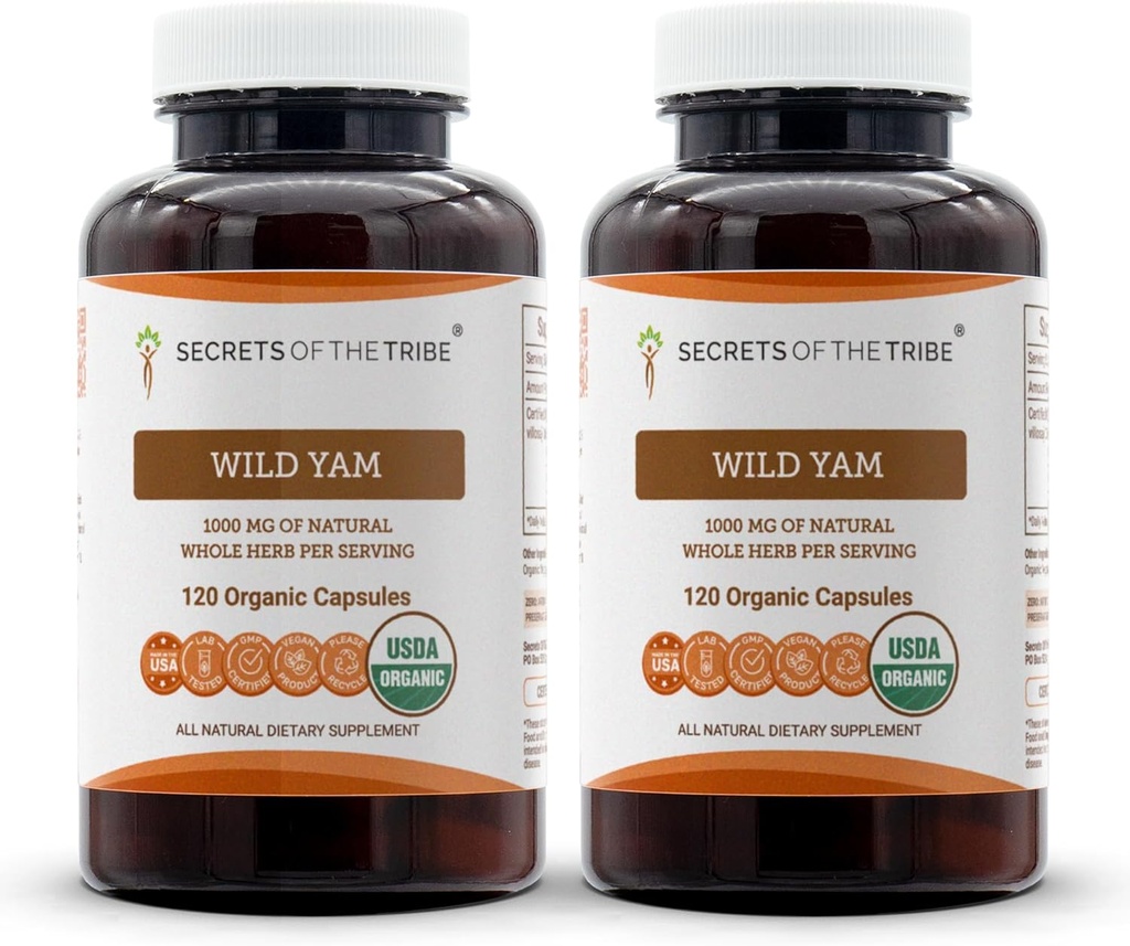 部落野生亚姆卡普尔的秘密 1000 mg 负责任耕作 USDA 有机野生亚姆(Dioscorea Villosa) 枯根,荷尔蒙支助补编(2x120 Capsules)