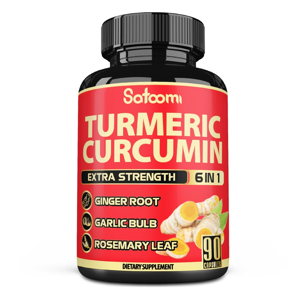 Satoomi 6in1 Turmeric Crucumin 补充剂 - 3个月供应 - 95% Crucuminoids 配有姜根,大蒜块,Rosemary & Black Pepper - 90 Capsules