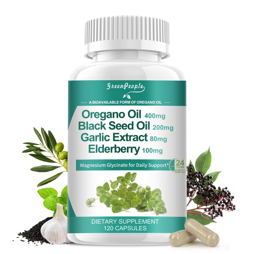 Oregano Oil Capsules – 11-in-1 Blend with Black Seed Oil, Elderberry, Garlic, Olive Leaf – Magnesium & Black Pepper for Aception – Imune,呼吸与消化 – Vegan, Non-GMO, 120 Ct (英语).
