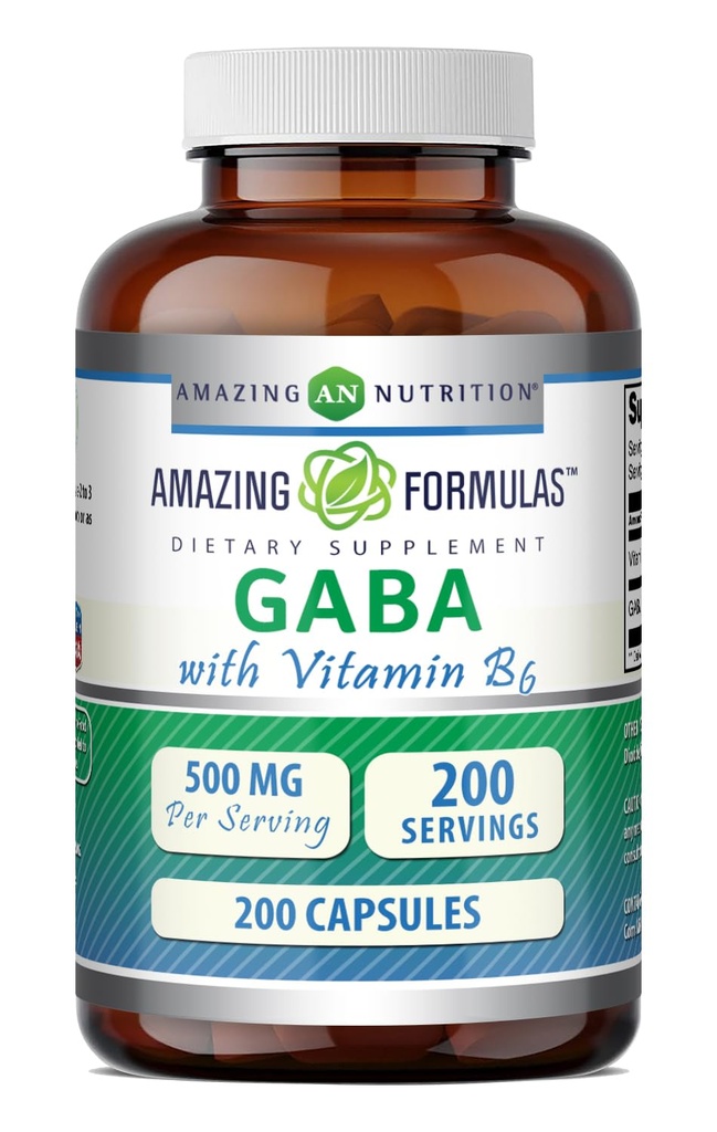 配有维生素B6的神奇GABA Supplements | 500 Mg Per service | 200 Capsules | 200 Capsules | Non-GMO | Gluten Free| | | | |  USA  USA  USA  USA