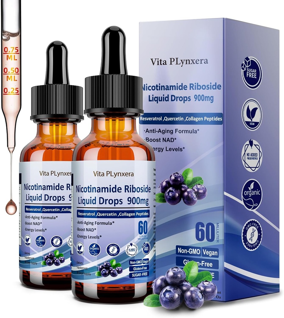 2 Pack NAD 女性和男性补充,NAD Nicotinamide Riboside Reveveratrol 900mg & Quercetin, Niacin, Collagen, Biotin, Liquid NAD Plus 补充,NR900 抗衰老皮肤能量长寿重点