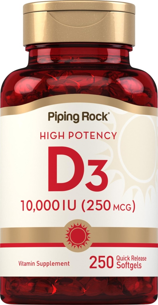 (原始内容存档于2018-07-21) (英语). Piping Rock Vitamin D3 1000 IU → 250 mcg → 250 mcg → 250 Softgels → highpotency → Non-GMO & Gluten Free Supplement