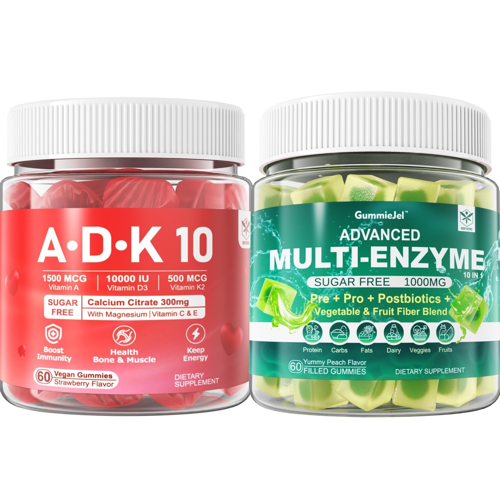 消化酶 Gummys 1000mg Chewable - Break Down Food Quickly, 90亿 CPU, Probiotic, Postbiotic, Prebiotic & Fiber Blend & Vitamin ADK Gummys + 镁锌钙补充