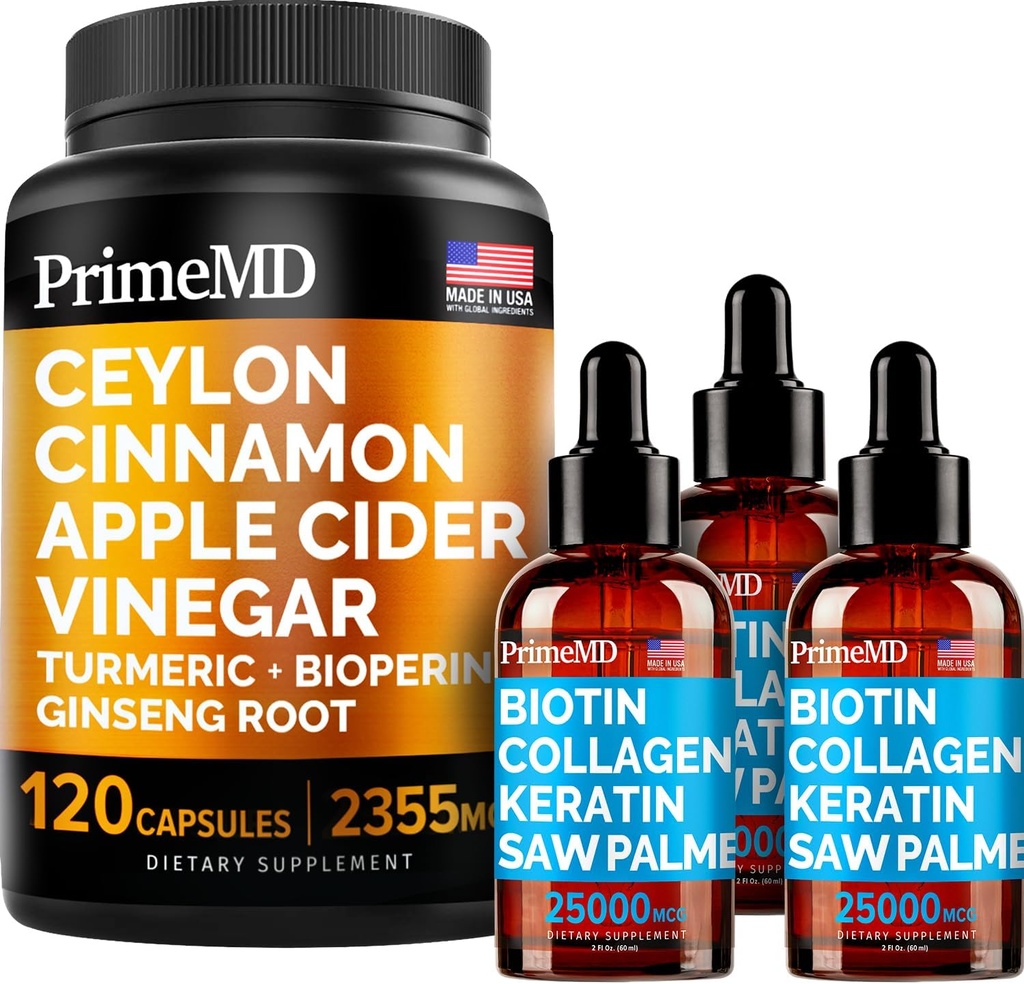 4-in-1 液态生物素 Collagen Keratin Saw Palmetto Drops (2 fl oz - 3 Pack) & 5-in-1 锡兰肉桂 w Turmeric & Ginseng Root (120ct) Bundle - 头发,皮肤,钉子,和免疫辅助补品