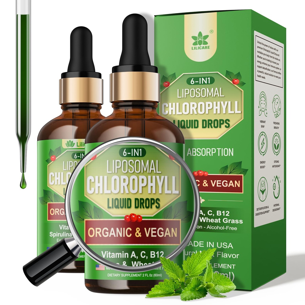 有机氯脂液滴 男女脂液滴,6-in-1 绿色超食品 Vegan Chlorophyl w/Spirulina,小麦草,体内除臭剂维生素C B12 A,能源,Digestive 2Packs/4 Fl Oz
