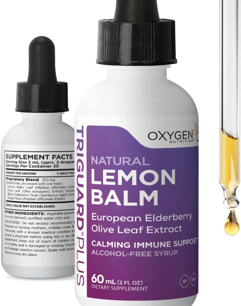 TriGuard Lemon Balm Plus - Lemon Balm 提取器,老莓,橄榄叶提取器 Tincture 2 fl oz – 用于镇静,缓解压力,免疫支持和炎症 – 不含酒精,非GMO,美国制造