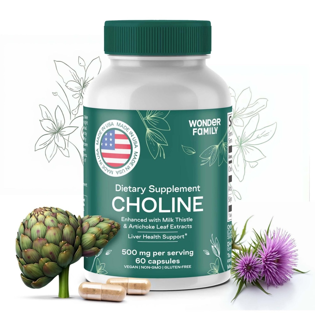 Choline Bitartrate 500MG - Premium Choline 补充 - Liver 支持补充 & Gallbladder 补充 - Colina Suplemento 500 mg Orgánica - 脑维生素促进记忆和聚焦 - 60 Choline Caps