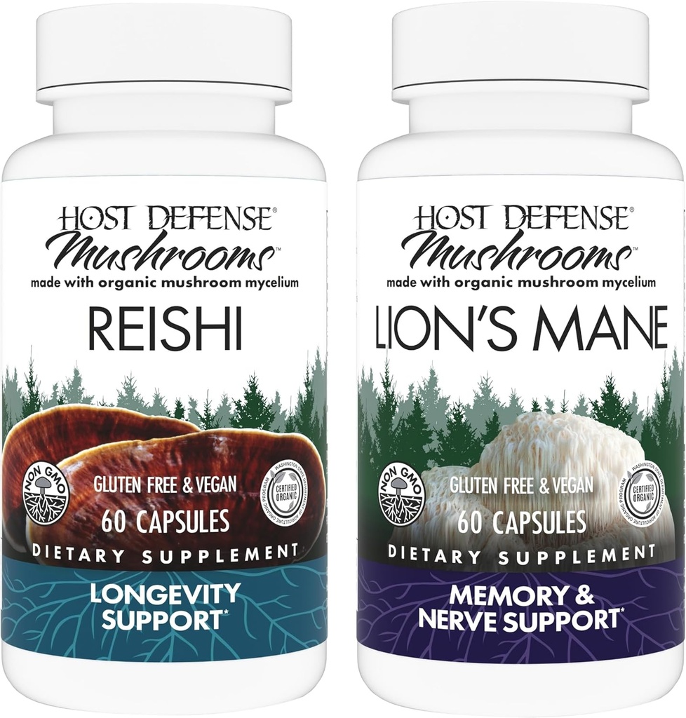 Host Defence Bundle with Reishi Capsules, 60 Counter & Lion's Mane Capsules, 60 Counter - 支持心与免疫健康 - 支持脑健康,记忆与聚焦*