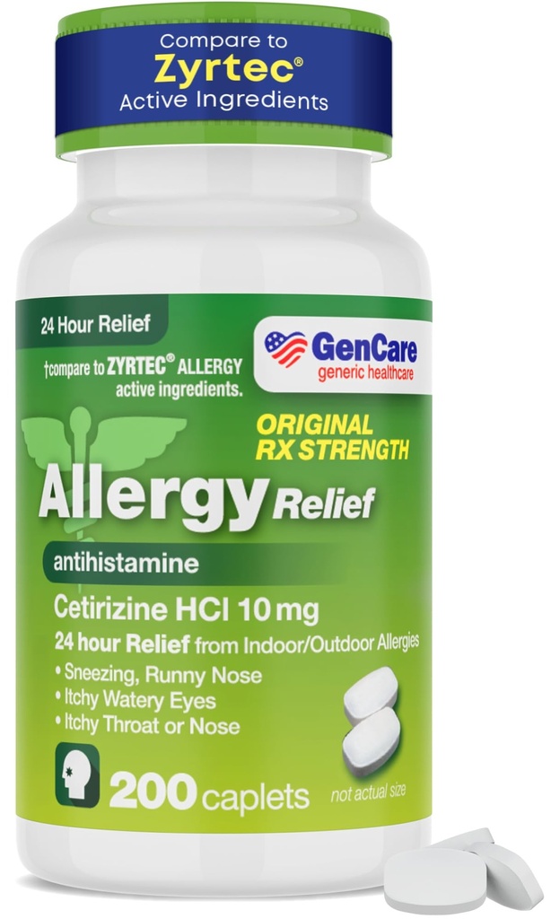 GenCare - Cetirizine HCL 10 mg(200 Caplets) - 24小时过敏救济药 - 非Drowsy通用OTC过敏药 - 喷嚏、Runny Nose & Itchy Eyes - 一般Zyrtec