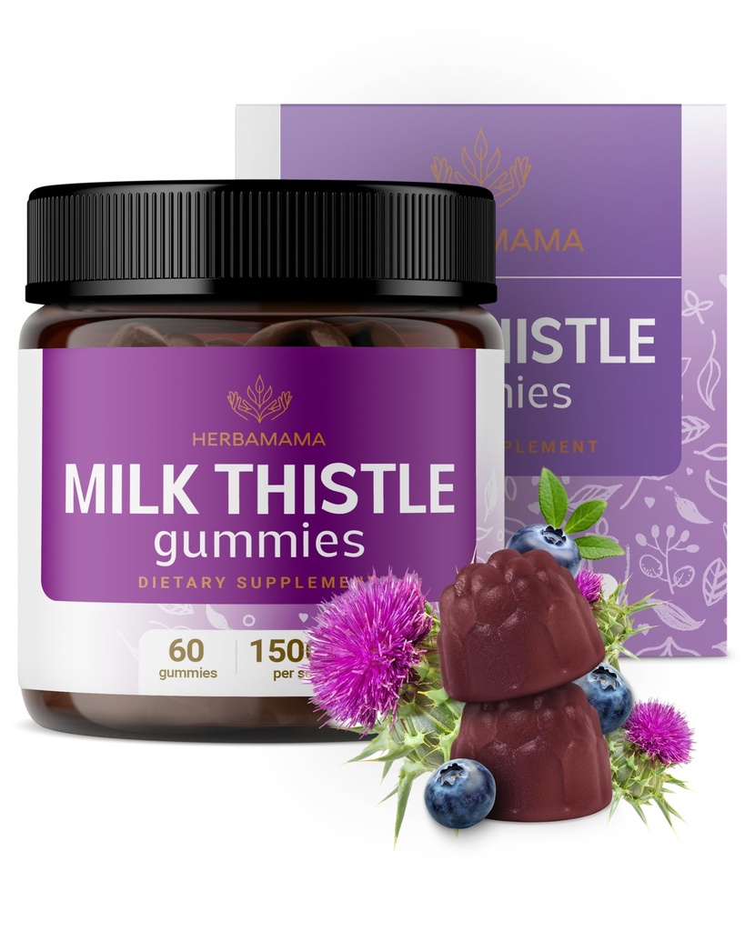 HERBAMAMA 牛奶硝酸盐补充剂 - 1500mg 牛奶硝酸盐种子 Gummys for Liver cleanse - Vegan, Non-GMO Liver Supports with Silybum Marianum - 60 Pectin-基于蓝莓-味的菜