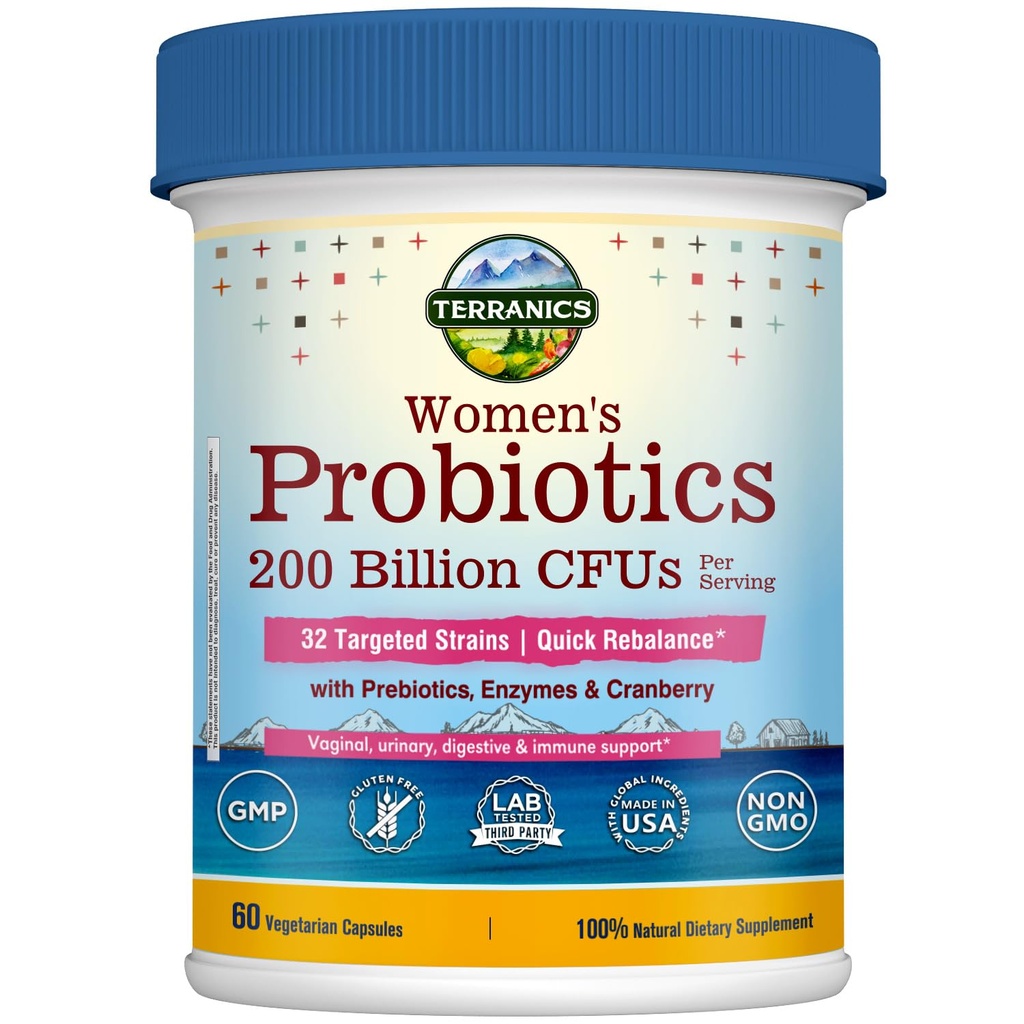 妇女每日抗生素,200亿32条草原妇女抗生素,包括Cranberry、Prebiotics和酶、再平衡阴道花和pH、延迟释放、大陆架稳定、60个维根盖