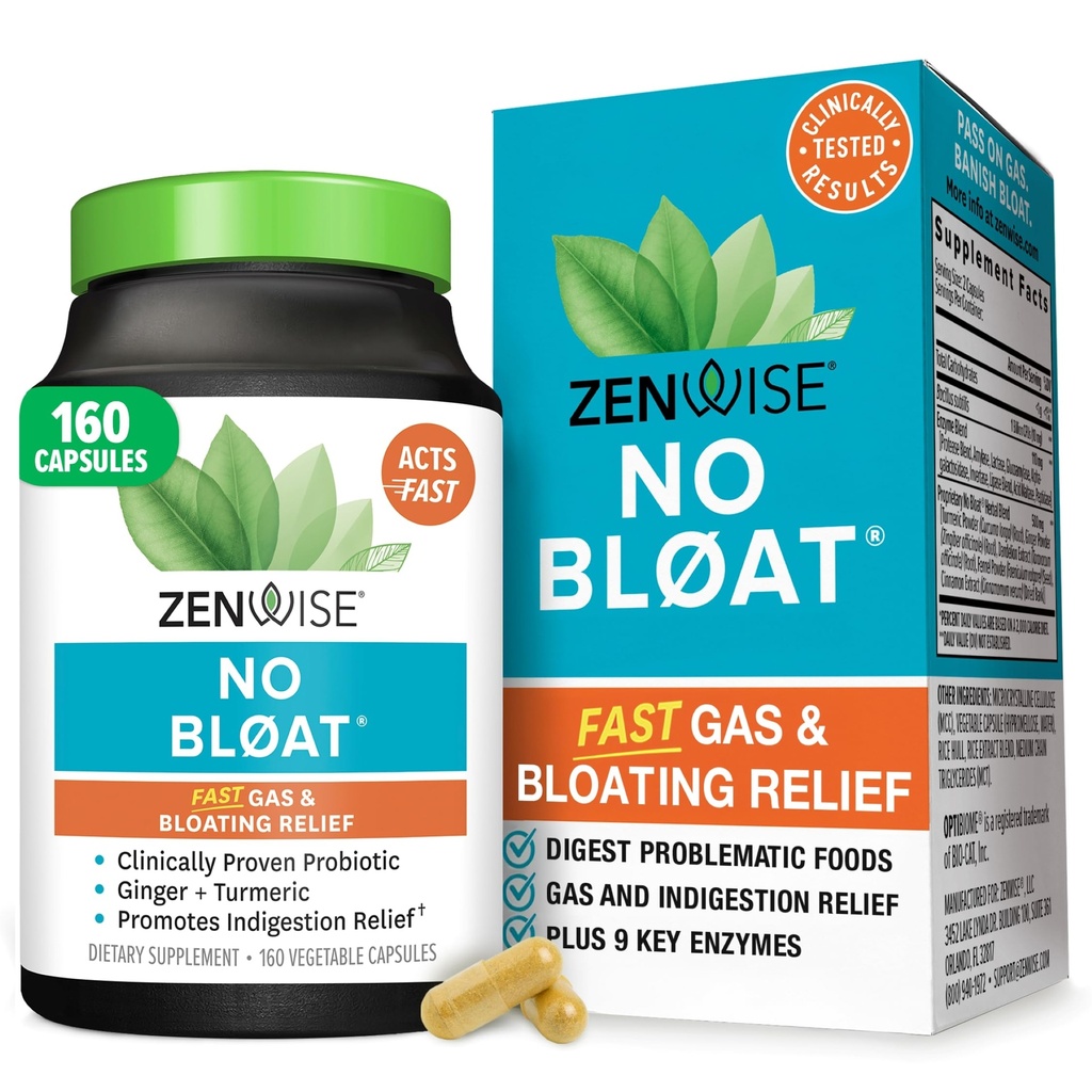 Zenwise Health No Bloat Digestive Ezymes for Gut Health, Gas & Bloating Relief - 多酶文摘增刊 配有Probiotics,Ginger,Turmeric Dandelion & Lactase - 男与女 - 160 Counter