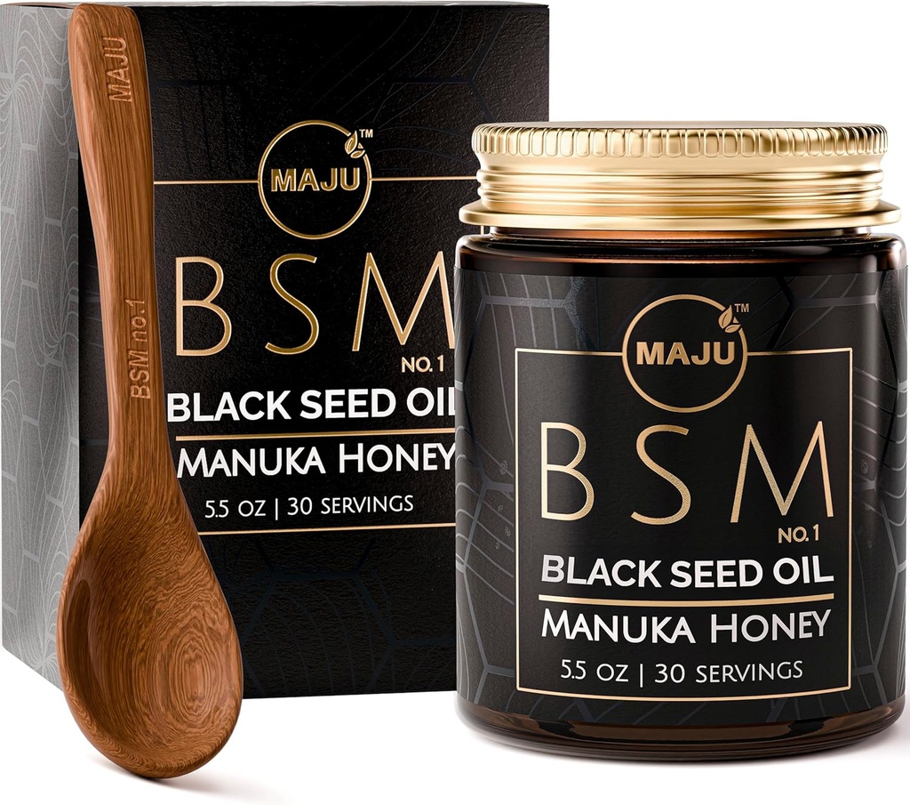 MAJU的3-in-1黑种子油,玛努卡蜂蜜和种子(传统样式) BSM 第1期, Sweet & Crunchy Herbal Blend, Nigella Sativa 油和种子,无伤风化 & Raw Monofloral Manuka Honey 新西兰